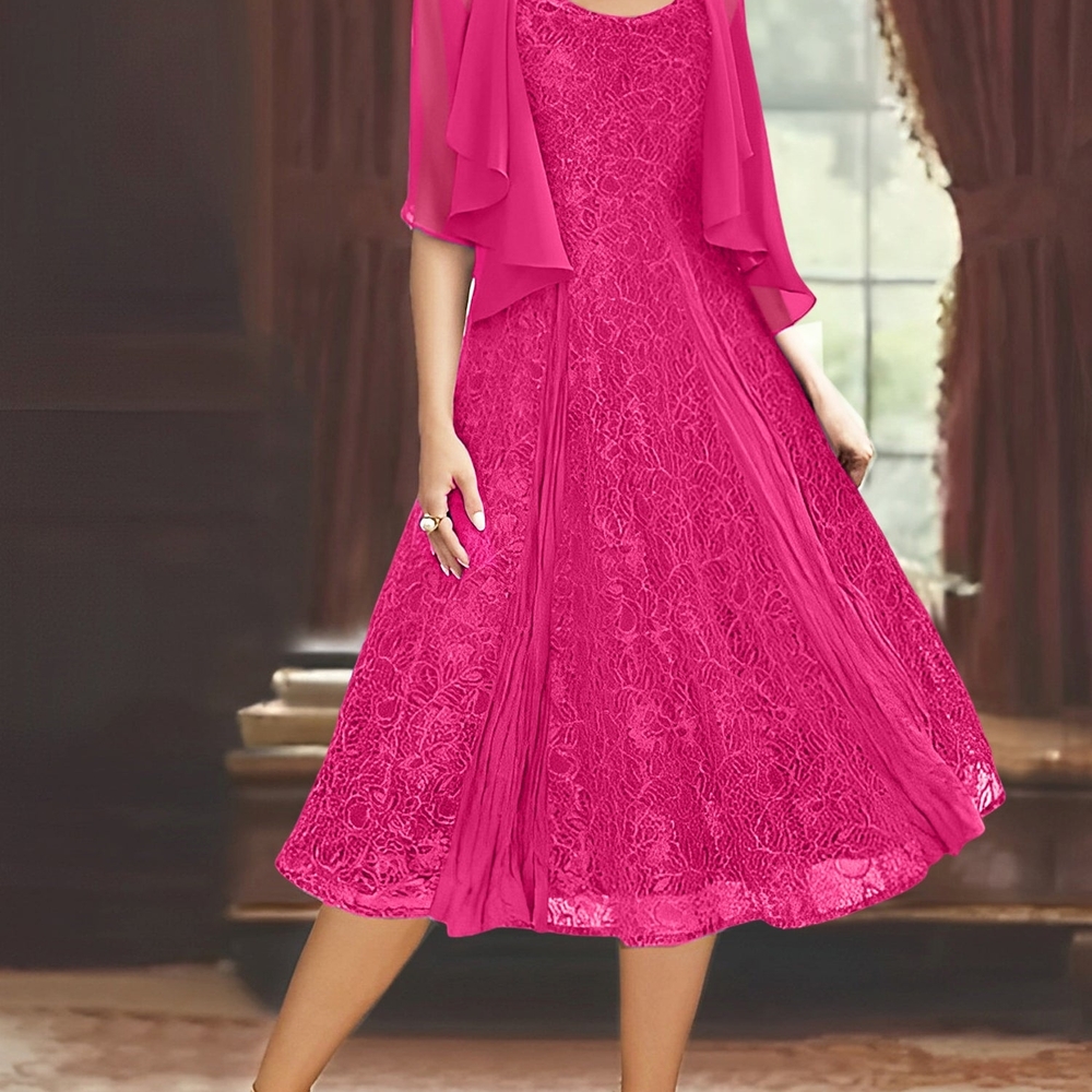 A-Line/Princess Scoop Half Sleeves Tea-Length Mother Of The Bride From Mondressy